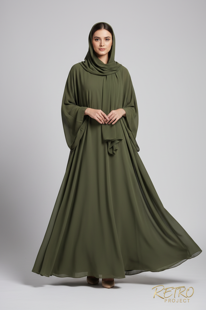 Female model wearing Retro Project Olive Green Abaya on light gray background