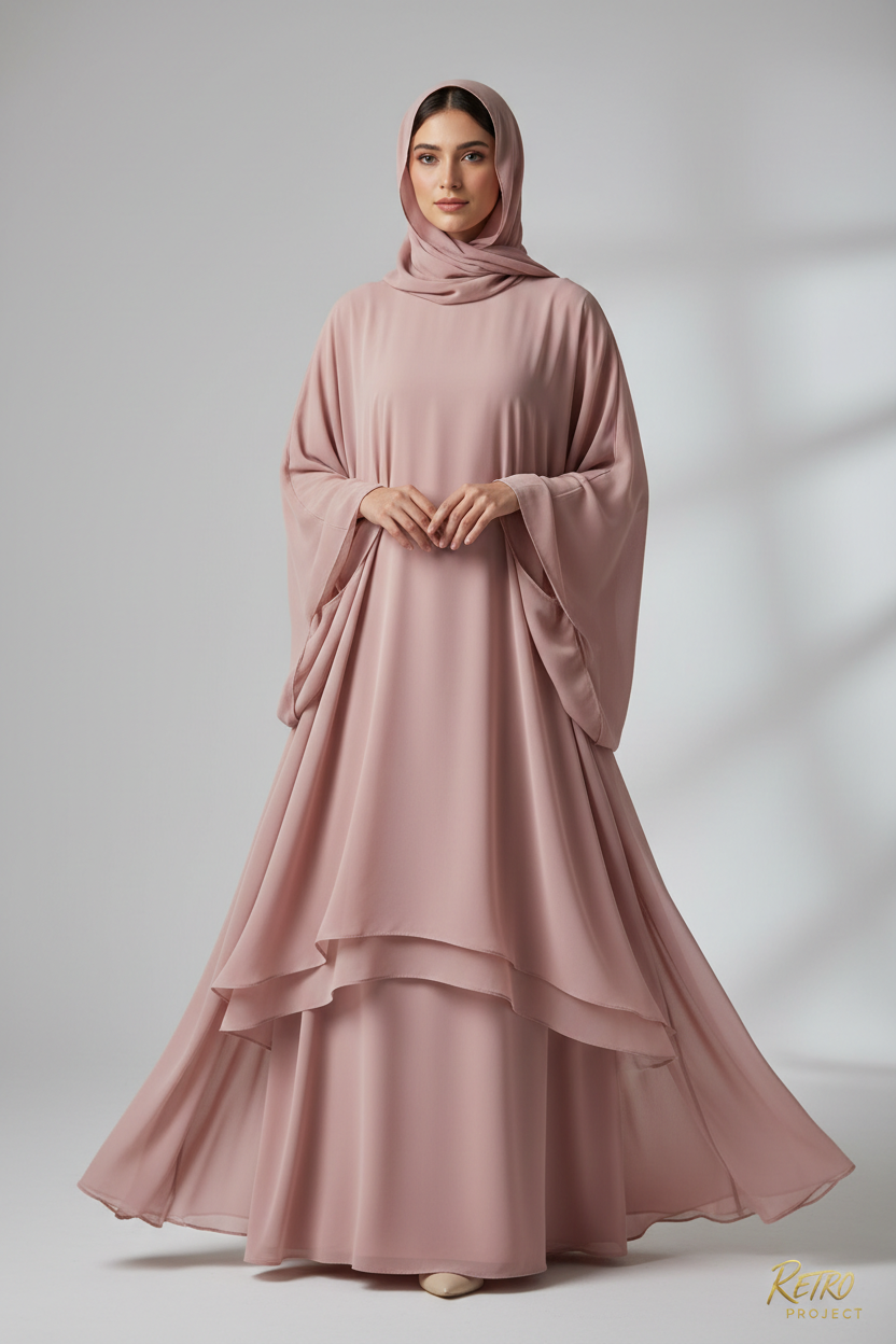 Female model wearing Retro Project Dusty Rose Abaya on light gray background