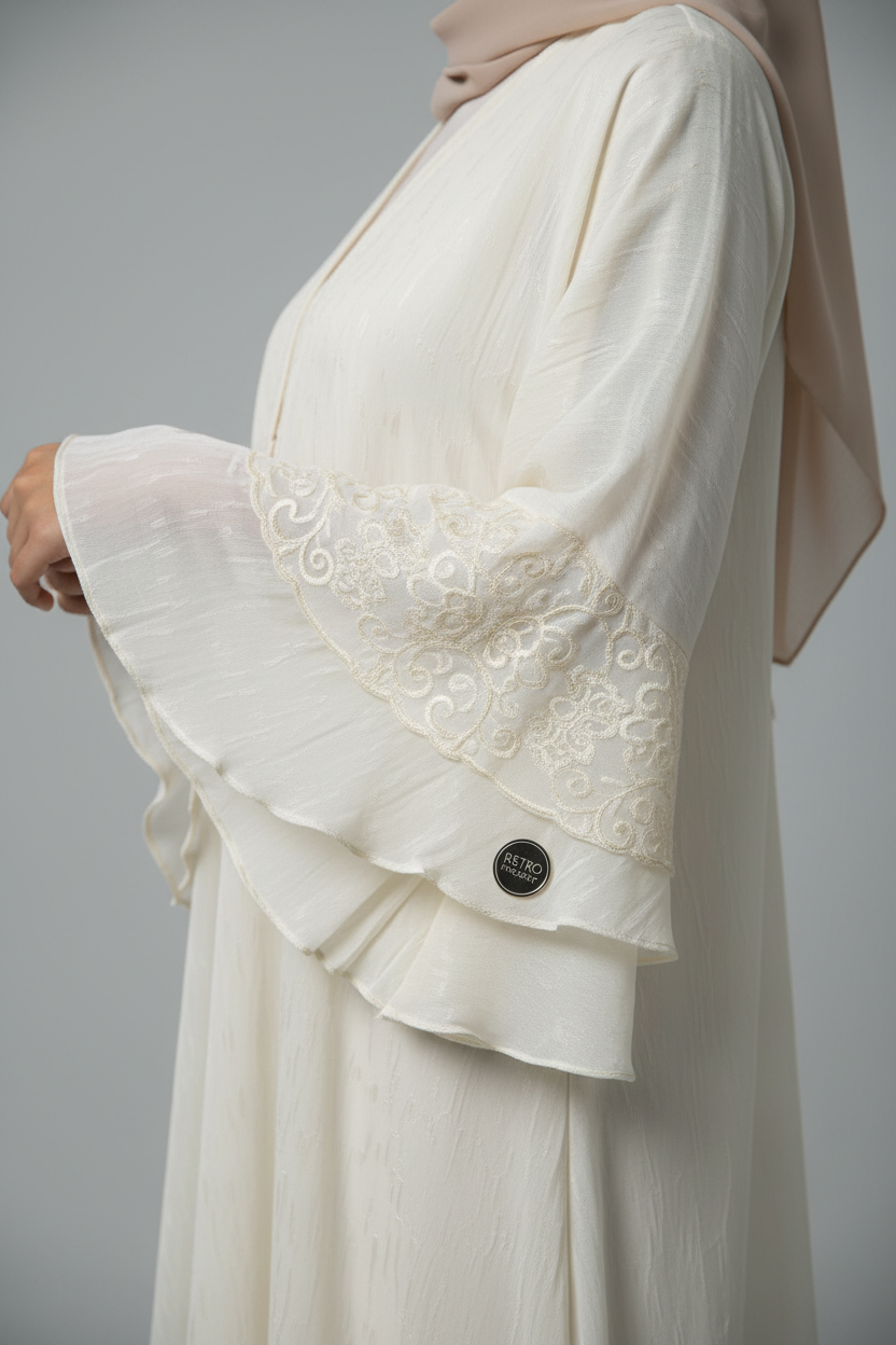Close-up detail of Retro Project Ivory Abaya fabric and sleeve