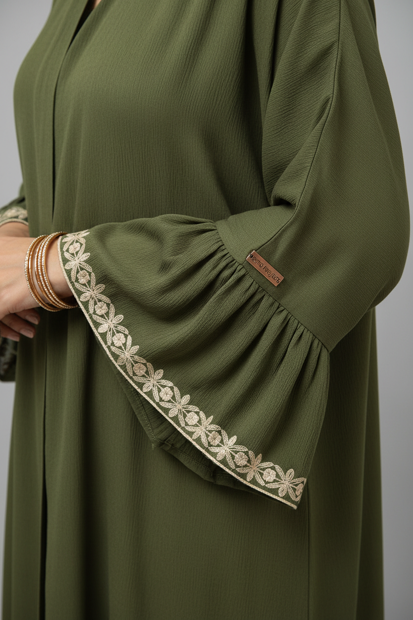 Close-up detail of Retro Project Olive Green Abaya fabric and sleeve