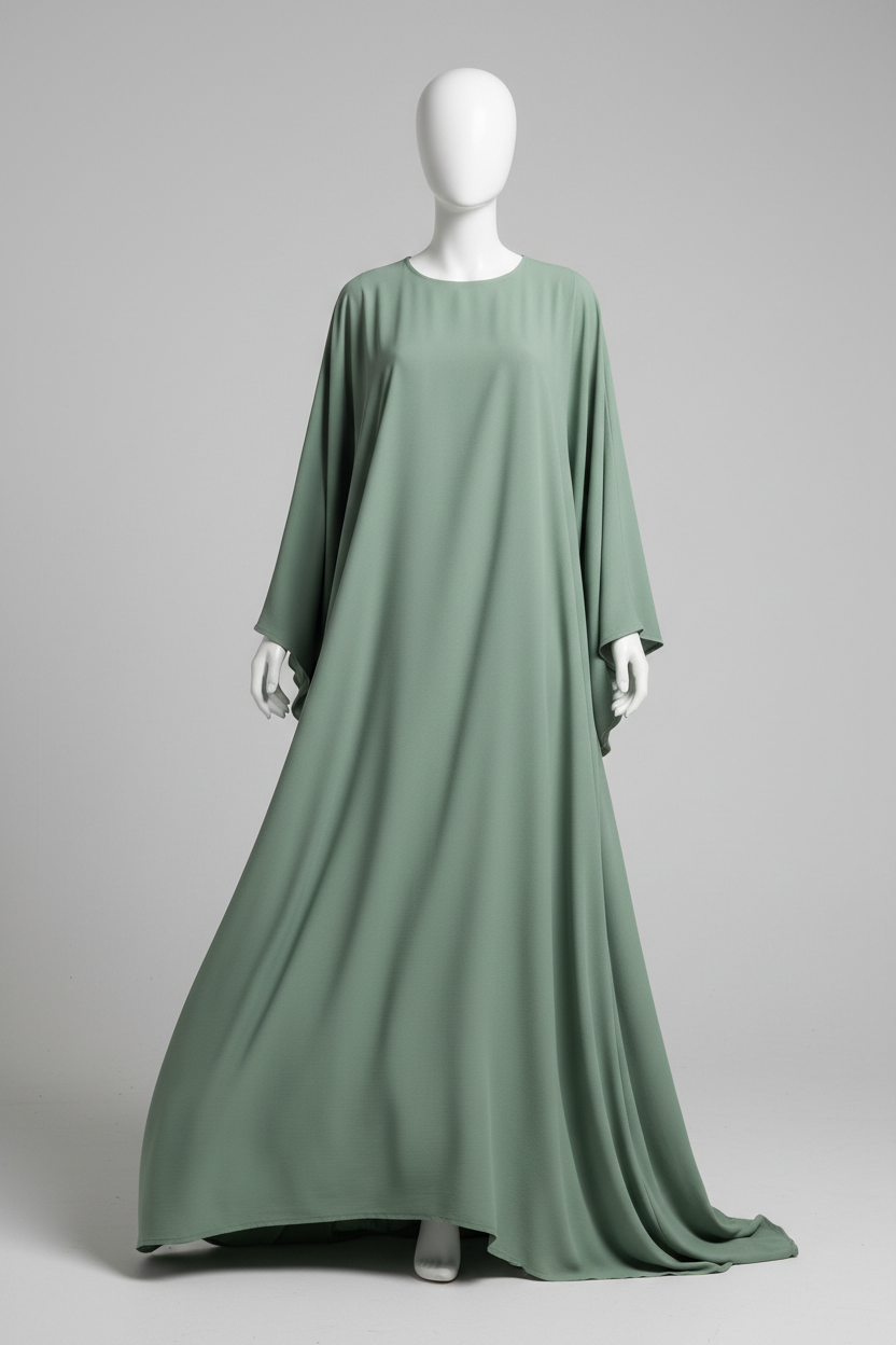 Flowy Crepe Abaya in Sage Green - Full length mannequin shot