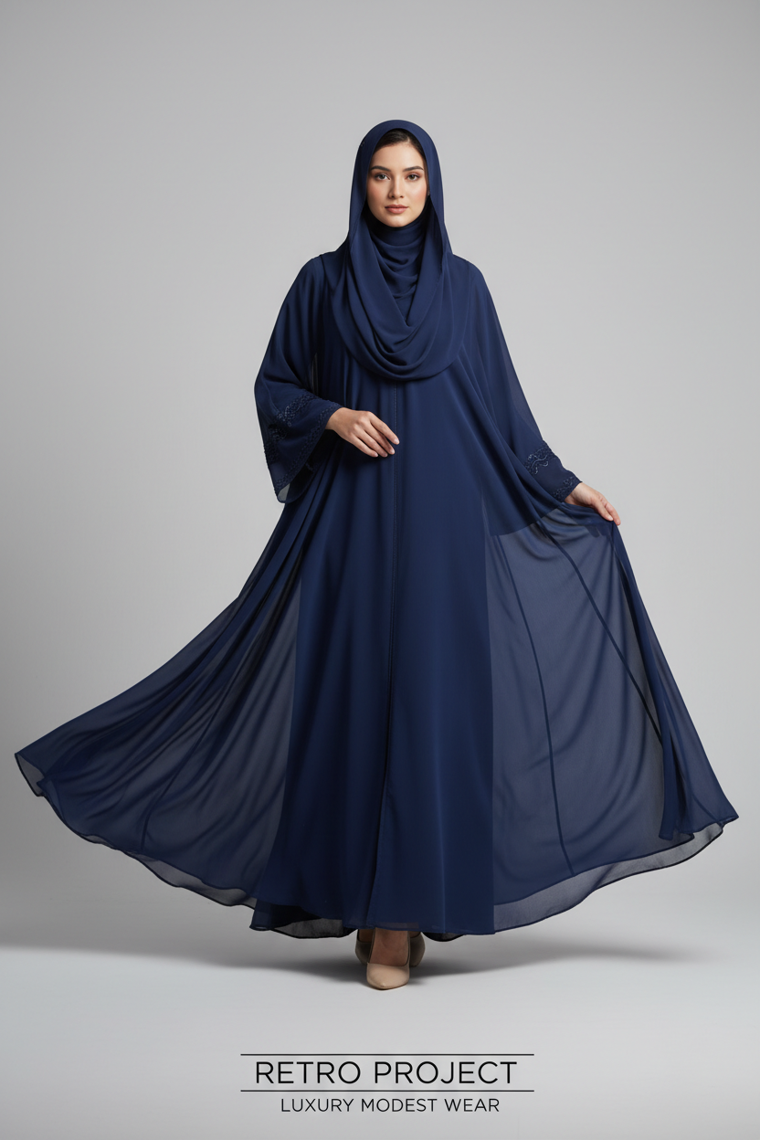 Female model wearing Retro Project Navy Blue Abaya on light gray background