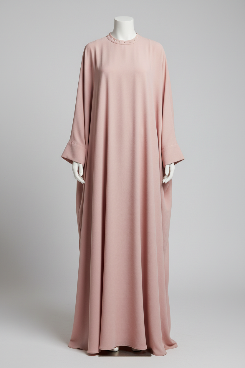 Flowy Crepe Abaya in Blush Pink - Full length mannequin shot