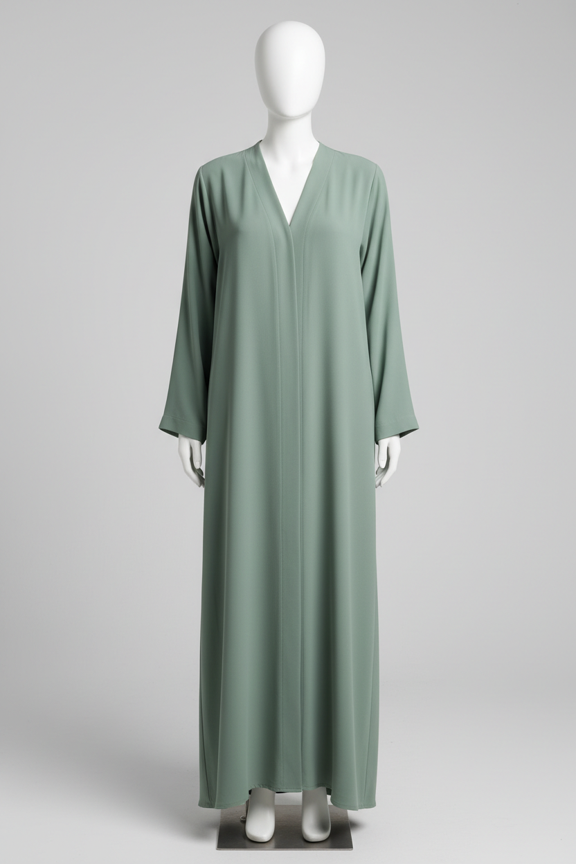 Modern Minimalist Abaya in Sage Green - Full length mannequin shot